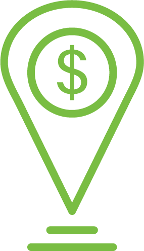 A green map pin with a dollar sign on it